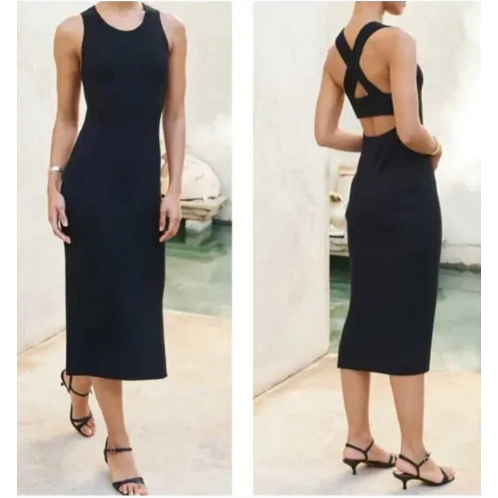 AYR The Vava black ribbed knit criss cross back midi dress Size Large Minimal